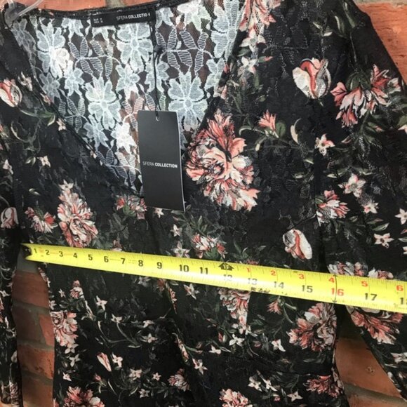 SFERA Spain NEW Lace Floral Sheer Boho Flare Bell Sleeve Peplum Stretch Top Rose - Picture 15 of 15